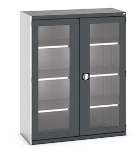 Bott Cubio Window Door Cupboard with lockable doors and clear perspex windows. External dimensions are 1300mm wide x 525mm deep x 1600mm high and the cupboard is supplied with 3 x 160kg capacity shelves.... Bott Cubio Window Clear Door Cupboards
